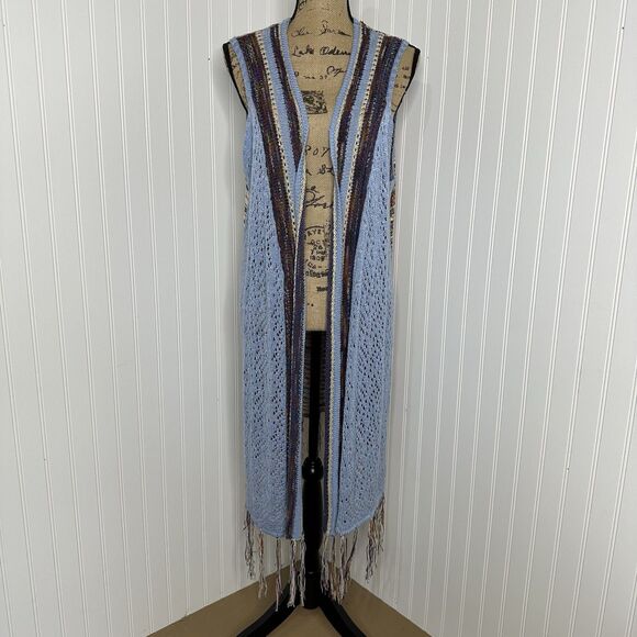 OSO Casuals Boho Crochet Sleeveless Long Vest Sz L Blue Multicolor Fringe Hippie - Picture 14 of 14